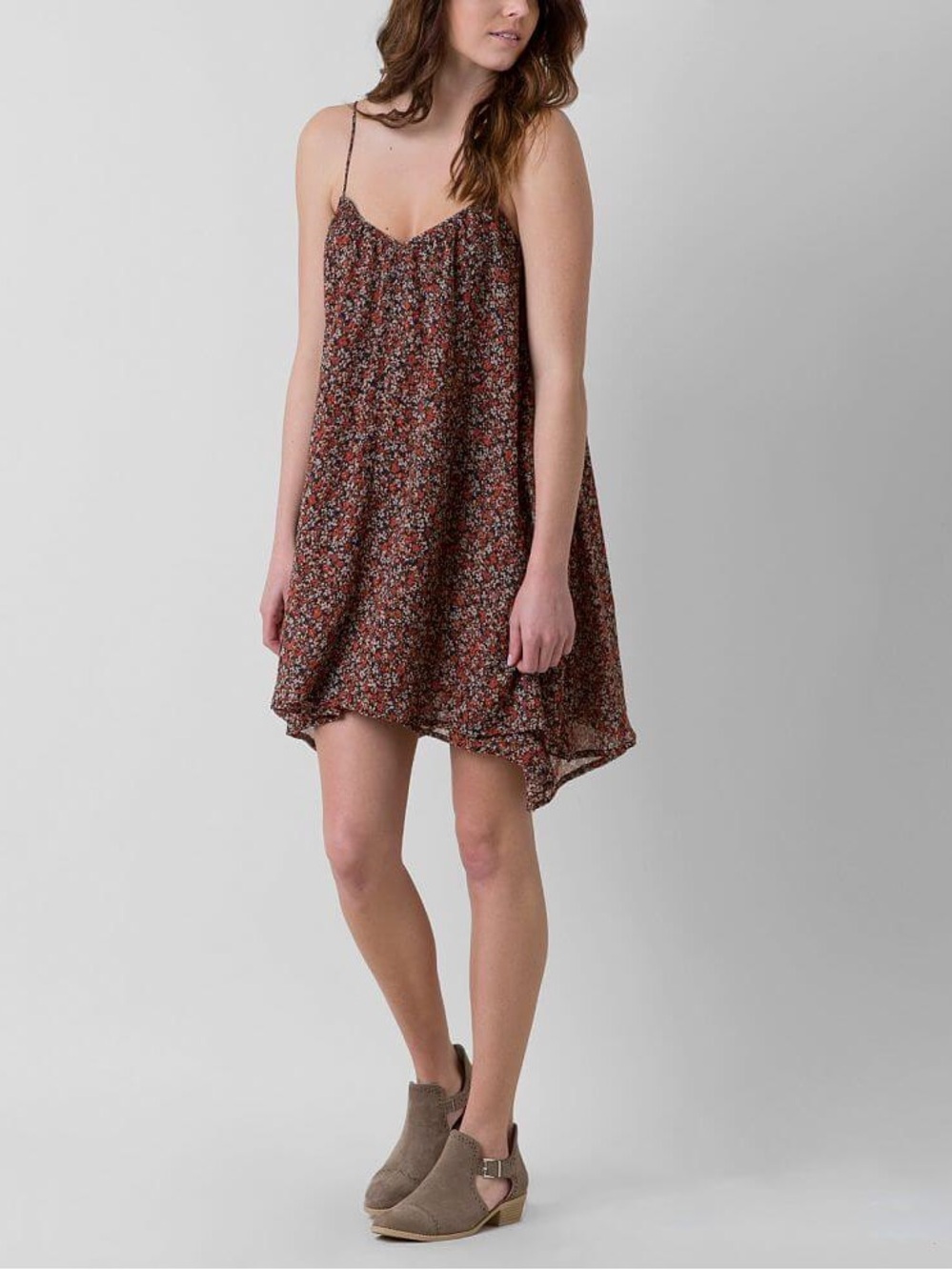 Volcom Laying Low Dress Red Floral Spaghetti- Strap V-Neck Swing Mini - Medium